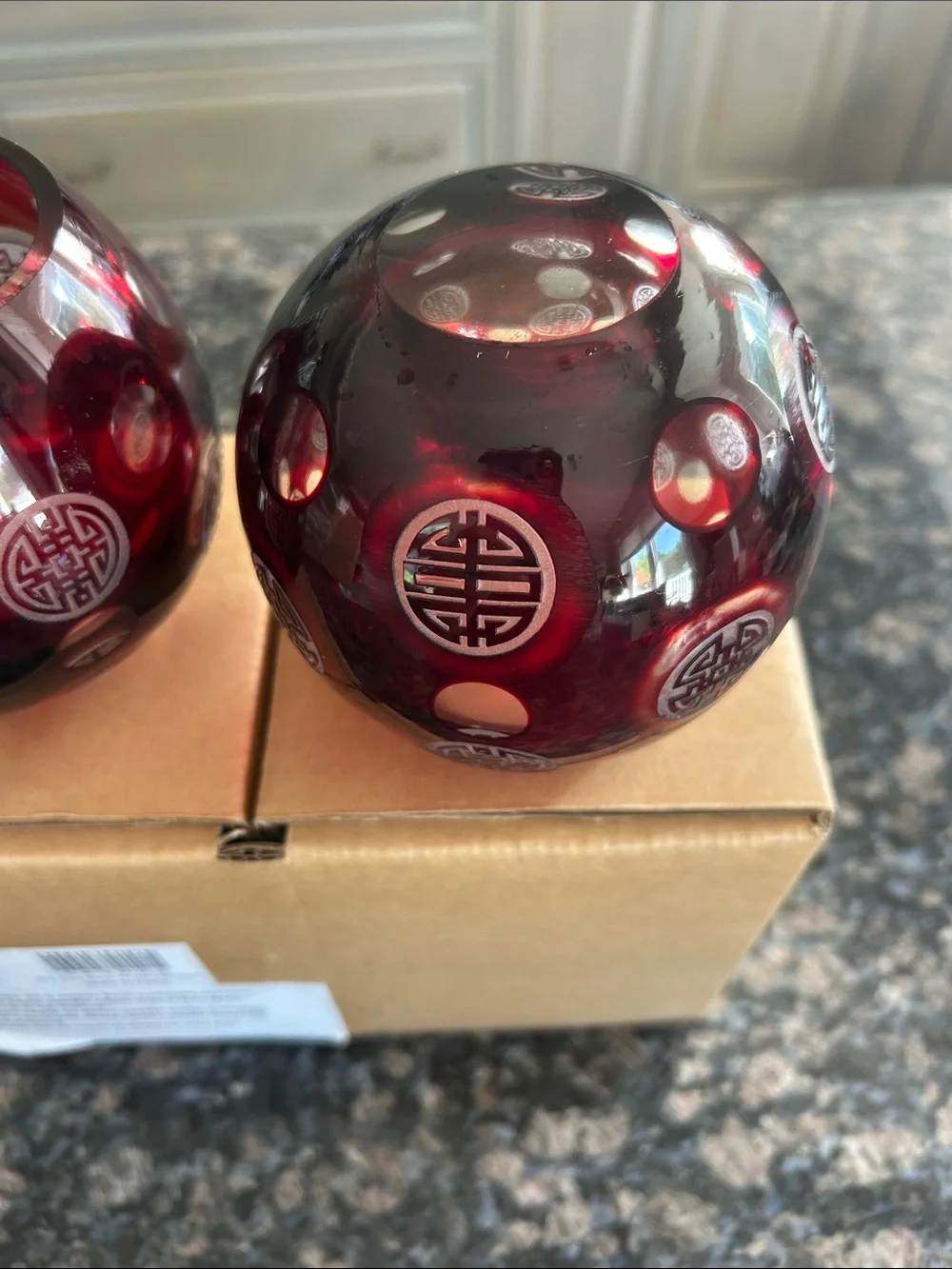 RED  CUT GLASS SHOU  CHINESE VOTIVE HOLDERS SET OF 2 NWT